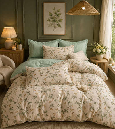 A cozy bedroom scene with a bed dressed in a cream floral bedding set, including a duvet cover and multiple pillows, styled with sage green accent pillows. The room features dark green paneled walls, a wicker pendant light, a bedside lamp, and a window with sheer curtains.