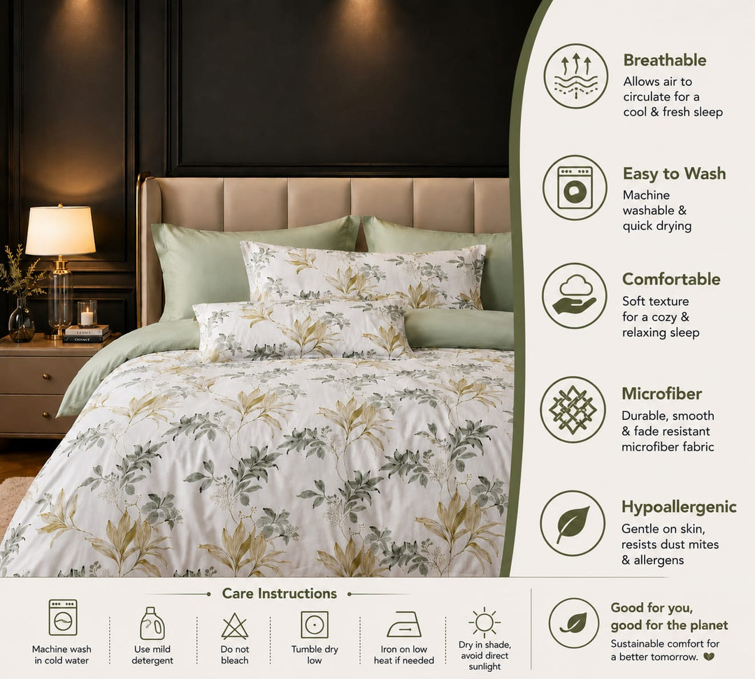 A bedding set displayed on a bed in a styled bedroom, featuring a white duvet cover and matching pillow shams with a green and beige botanical leaf pattern. The right side of the image contains a vertical infographic detailing product features like breathability, easy wash, comfort, microfiber, and hypoallergenic properties, while the bottom features care instructions.