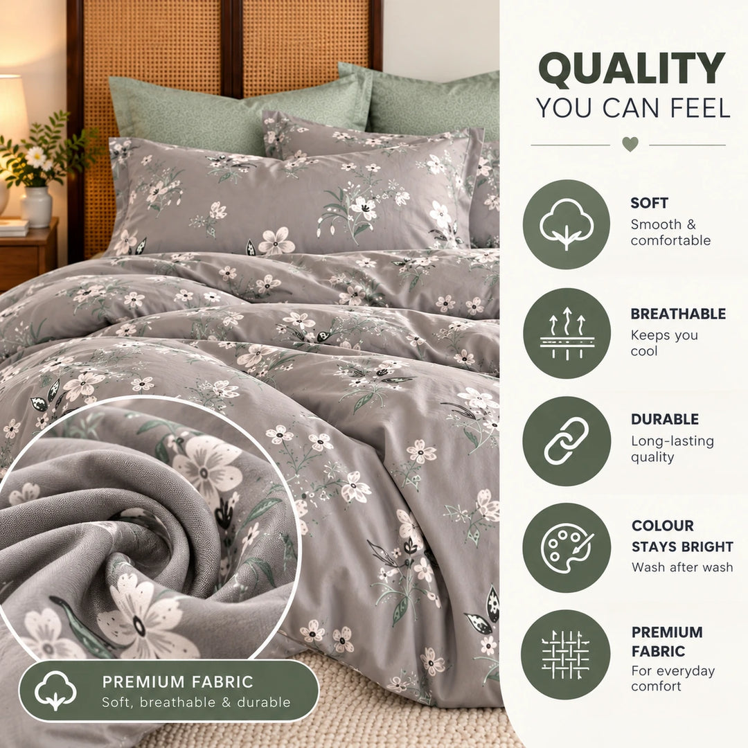 6 PCs King Size Grey Flora Bedding Set with Tiny White Duvet Cover 220x240 cm for Elegant Bedroom (6FS227)