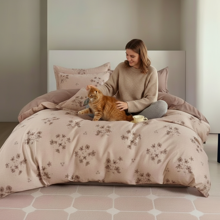 Cozy bedroom setup with blush tone duvet cover set