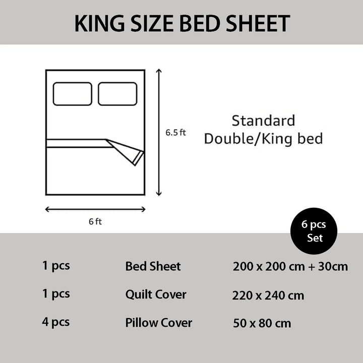 King size bed sheet set dimensions and components diagram on a gray background
