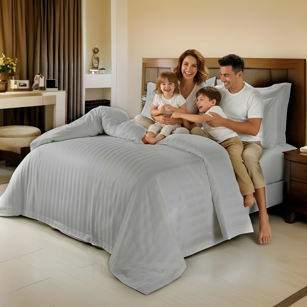 Hotel style duvet cover set with grey stripe pattern bedsheet set uae