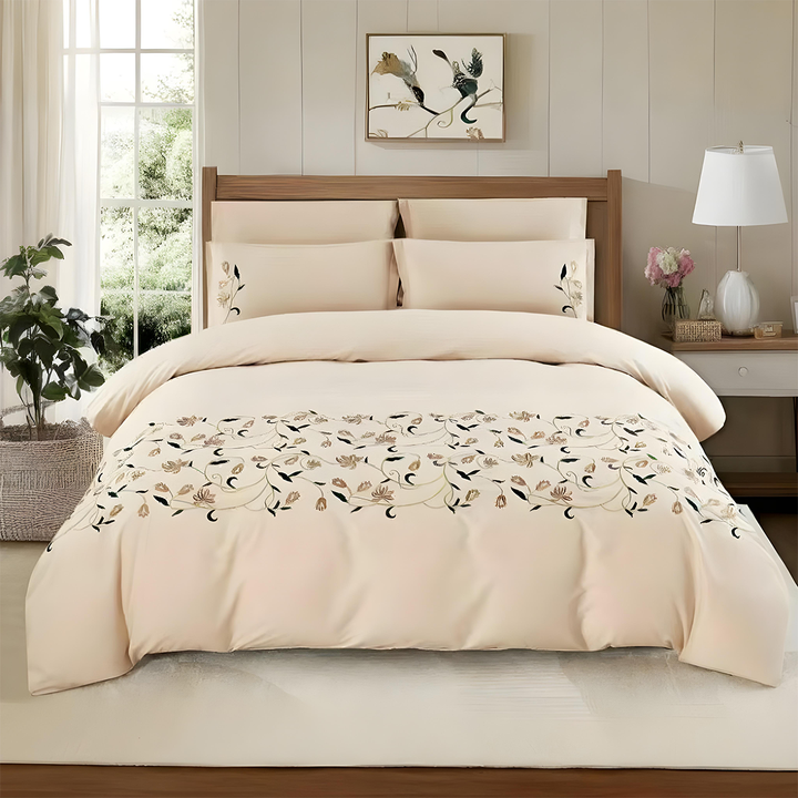 King Size 6 PCs  Beige Embroidered Bed Sheet Set – Soft Premium Comfort (6ES69)