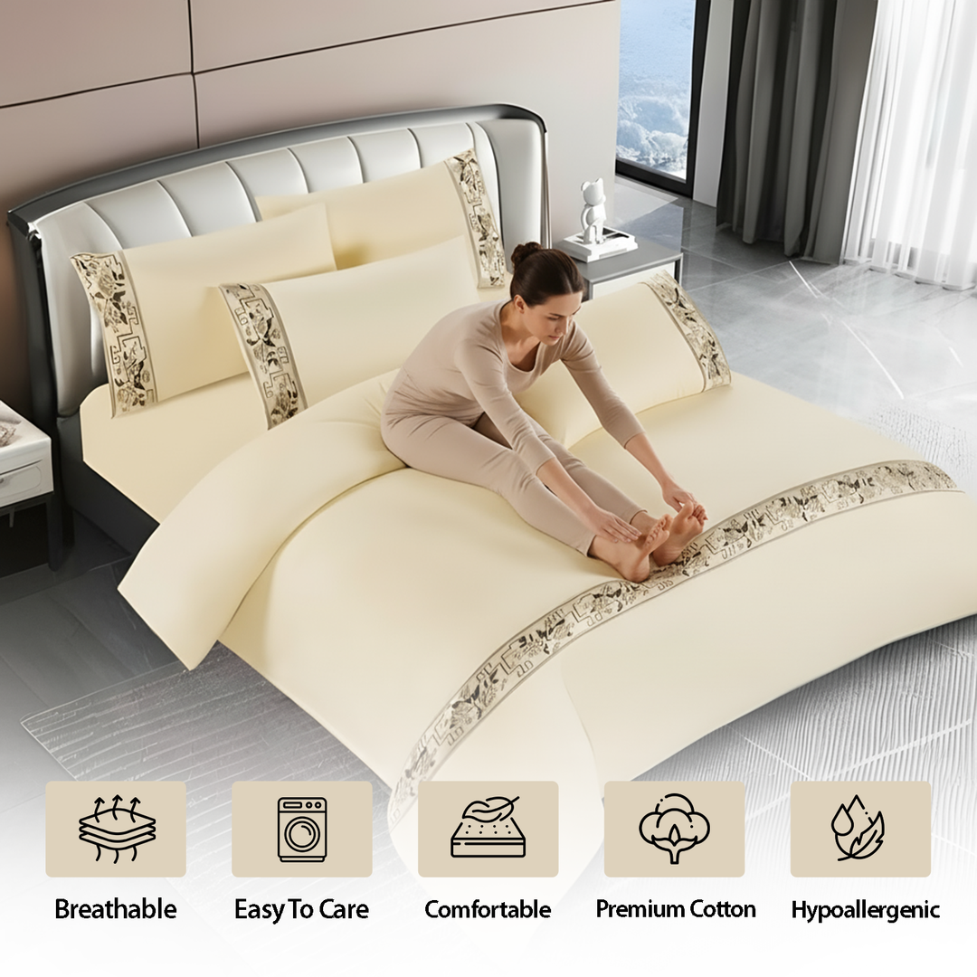 Border Design Cotton Bedding Sets 6 PCs – King Size Sheet , Duvet & Pillowcases (6TQ18)