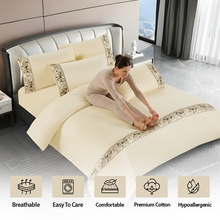 Border Design Cotton Bedding Sets 6 PCs – King Size Sheet , Duvet & Pillowcases (6TQ18)