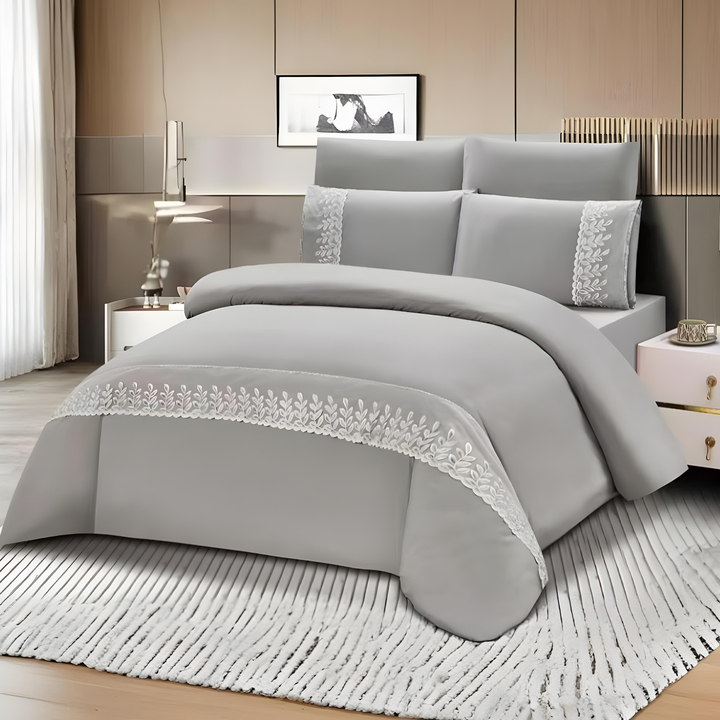 Luxury Border Design King Bed Bedding Set – 6 PCs with Sheet, Duvet & Pillowcases (Grey)
