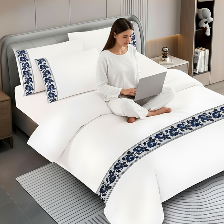 Border Design King Bed Bedding Set 6 PCs - Fitted Sheet, Duvet Cover & Pillowcases (6TQ10)