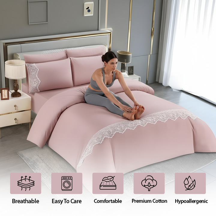 King Size 6 Pcs Cotton Blend Bedding Set – Duvet Cover, Fitted Sheet & Pillowcases (Pink)