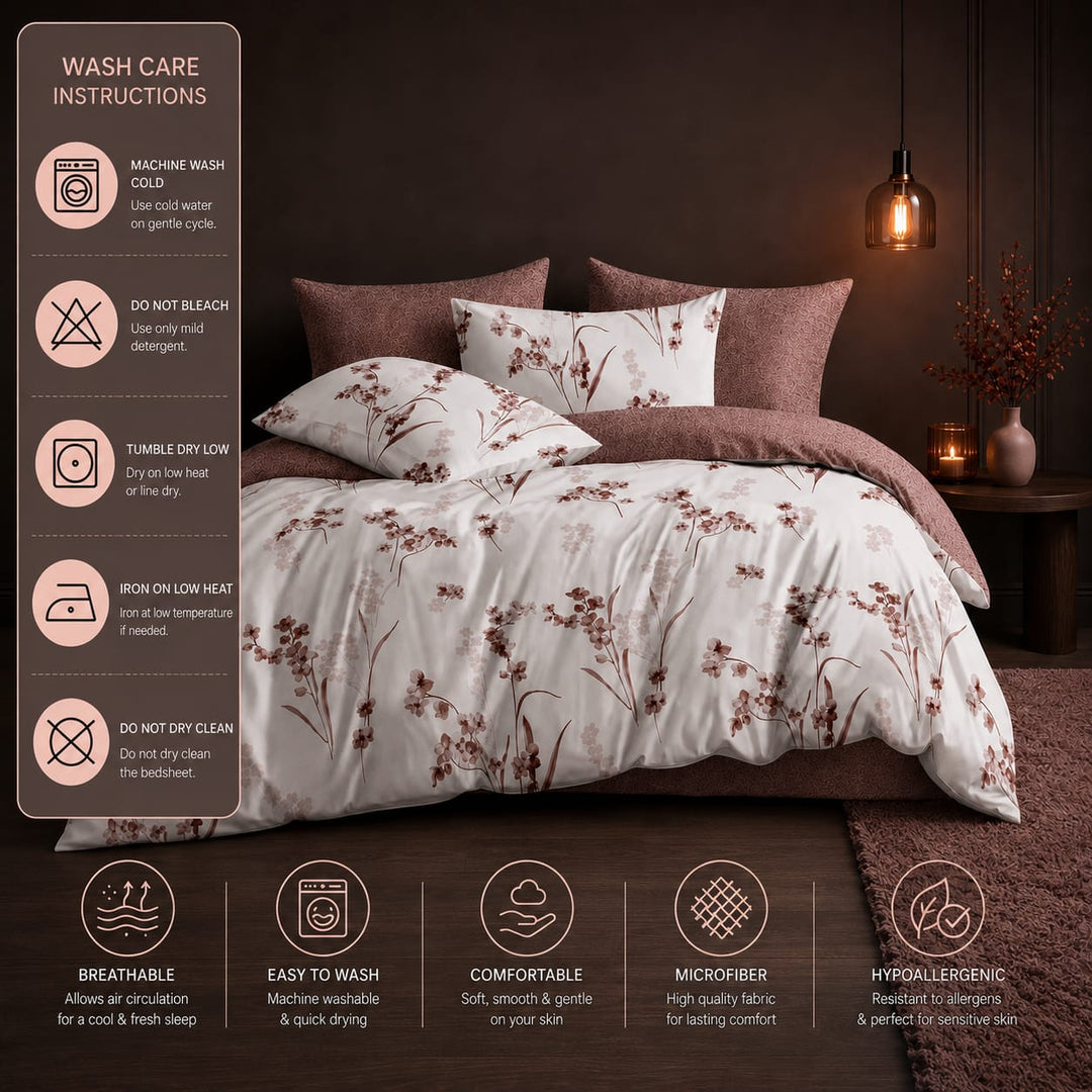 A styled bedsheets aesthetic
 set in a dark brown bedroom scene, featuring a white duvet cover and matching pillow shams with a brown floral branch pattern, styled with mauve-brown pillows. An informational graphic overlay on the left details wash care instructions, and a row of feature icons appears along the bottom.