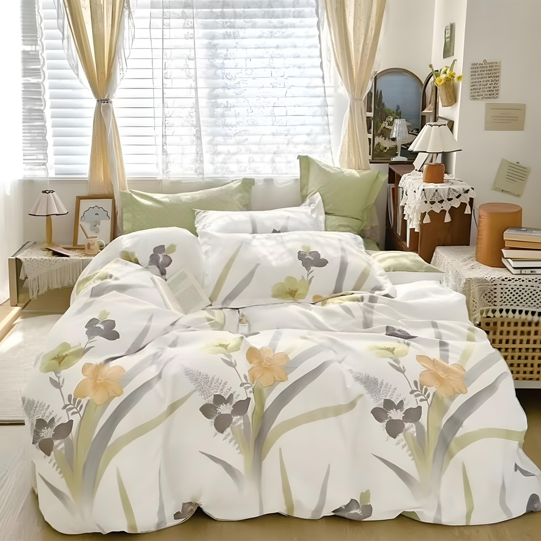 Floral printed bedding set with quilt cover, bed sheet, and pillow covers on bed