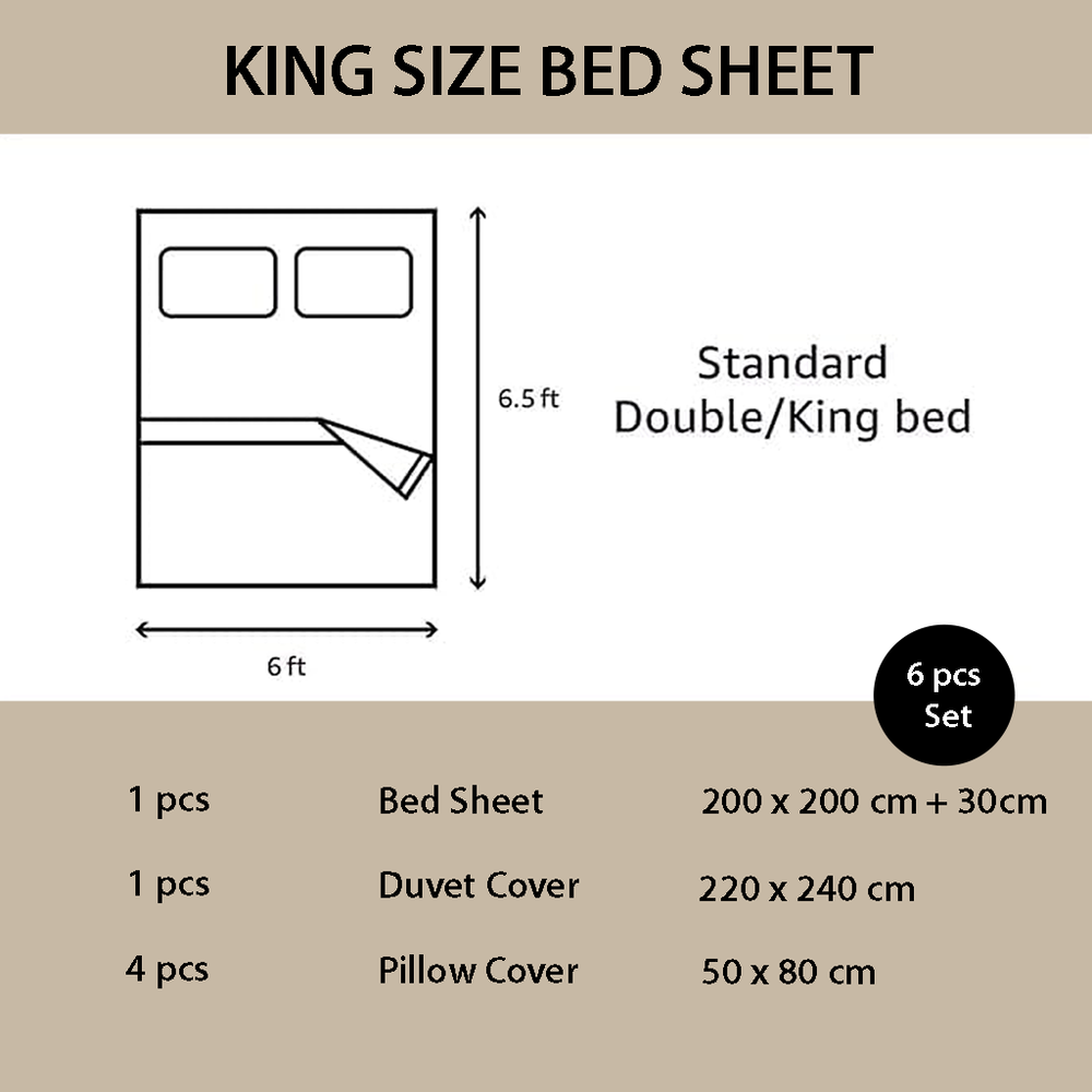 King size bed sheet set dimensions and components on a beige mooncee uae