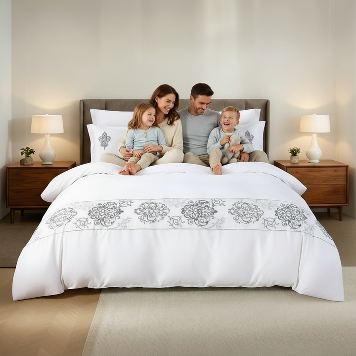 White bed linen with subtle grey embroidery pattern in mooncee uae