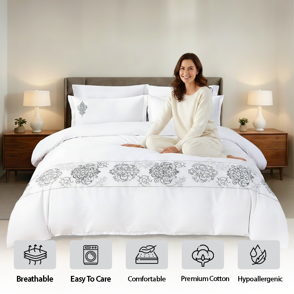 Elegant white duvet set styled in a contemporary bedroom