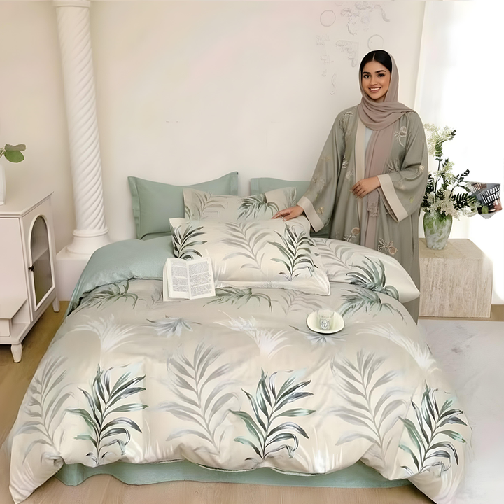 Printed bedding set featuring soft leaf design in neutral tones