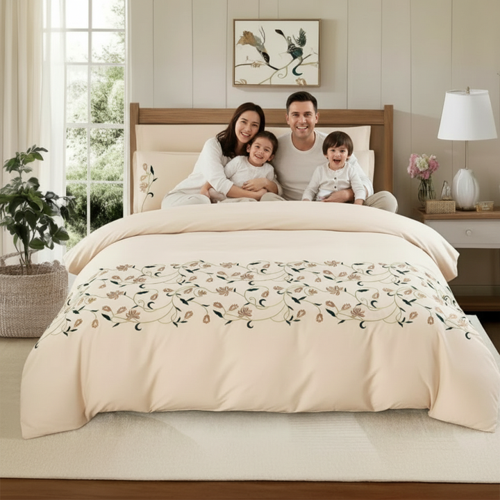 King Size 6 PCs  Beige Embroidered Bed Sheet Set – Soft Premium Comfort (6ES69)