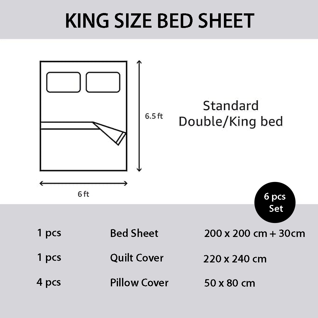 King size bed sheet set with dimensions and piece details on a gray background mooncee uae