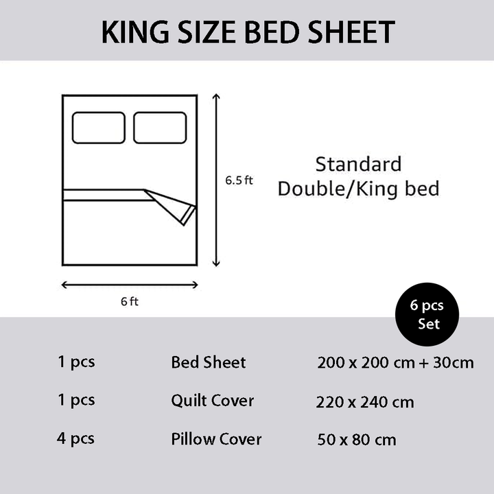 King size bed sheet set with dimensions and piece details on a gray background mooncee uae