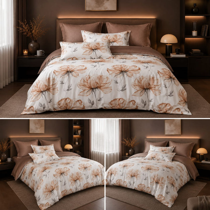A floral bedding set displayed on a bed in a modern bedroom setting, featuring a duvet cover and two matching pillowcases with a large tan and brown flower pattern on an off-white background. The top panel shows the full bed setup, while the bottom panel shows two smaller mirrored views of the same bedding arrangement.