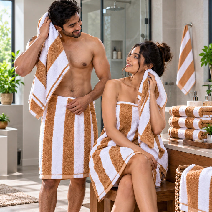 4 PCs Premium 100% Cotton Bath Towel Set 600 GSM, Soft Striped Absorbent Towel Set