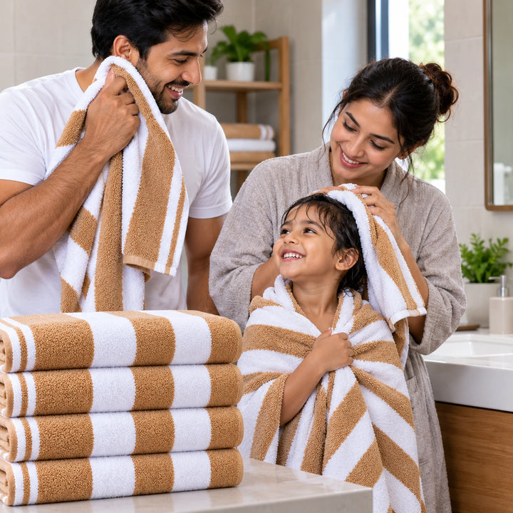 4 PCs Premium 100% Cotton Bath Towel Set 600 GSM, Soft Striped Absorbent Towel Set