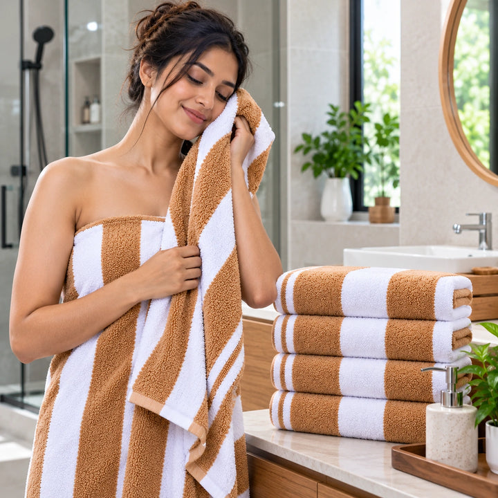 4 PCs Premium 100% Cotton Bath Towel Set 600 GSM, Soft Striped Absorbent Towel Set