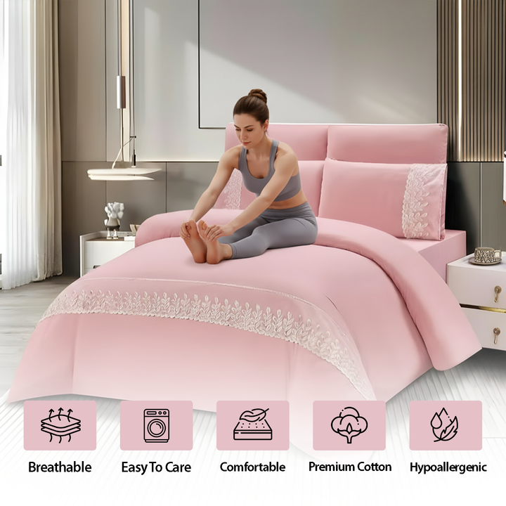 Pattern Border King Size Linen Bedding Set 6 PCs - Complete Set with Pillowcases (Soft Pink)