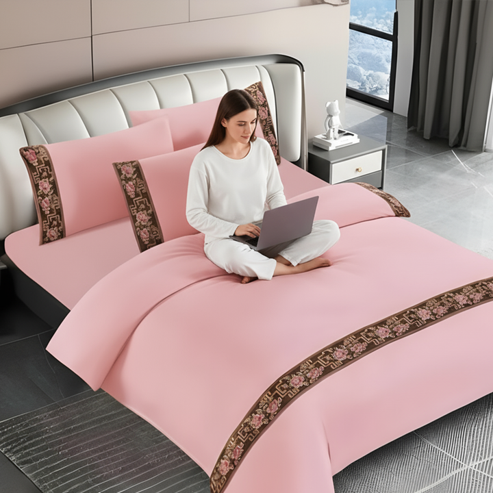 King Size Bed Sheets Cotton 6 PCs - Comfortable Sheet, Duvet & Pillowcases with Border