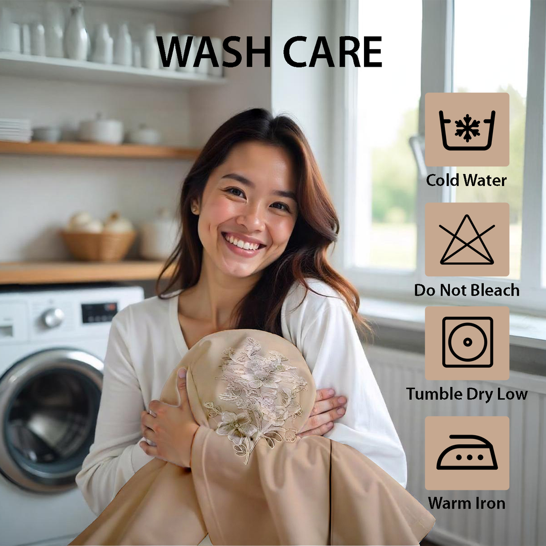 Woman holding a garment with wash care symbols displayed on the right in uae