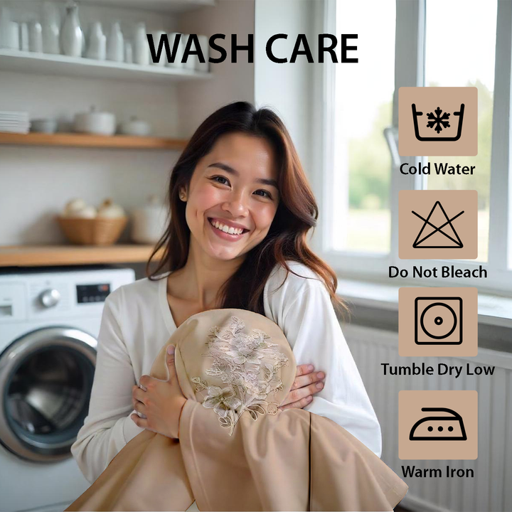 Woman holding a garment with wash care symbols displayed on the right in uae