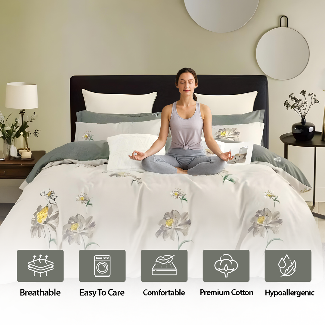 White Floral King Bedding Set 6 PCs – Soft Duvet Cover, Fitted Sheet & Pillowcases (6FS132)