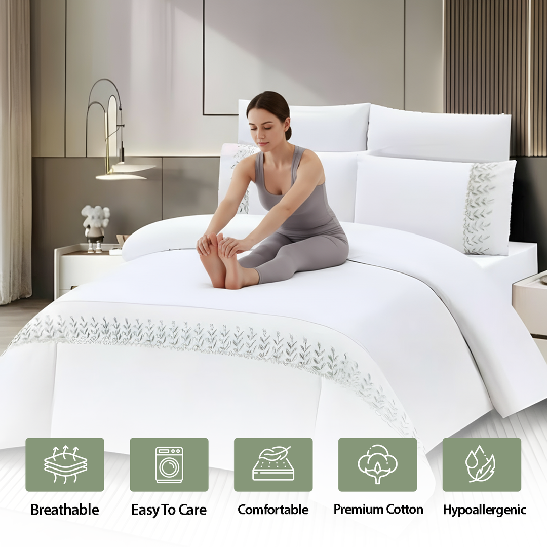 King Bed Set - Luxury Pattern Border Bedding 6 PCs Set for Comfort and Style (White Green)