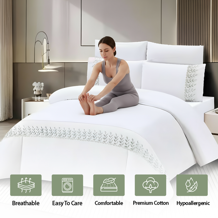 King Bed Set - Luxury Pattern Border Bedding 6 PCs Set for Comfort and Style (White Green)