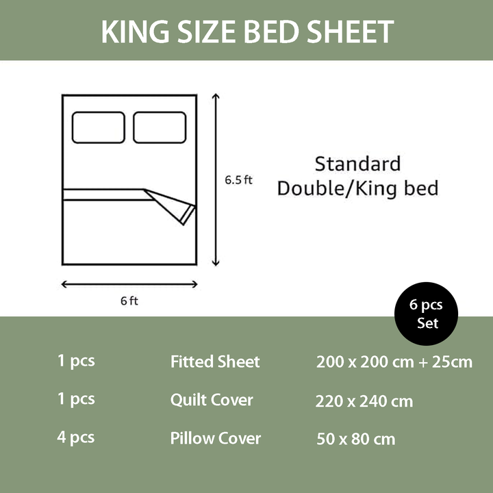 King Bed Set - Luxury Pattern Border Bedding 6 PCs Set for Comfort and Style (White Green)