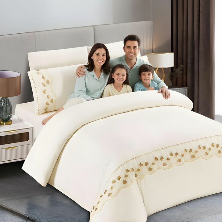 Modern Pattern Border 6 PCs Bed Sheet Set - Soft Fitted Sheet, Duvet & Pillowcases (Beige)