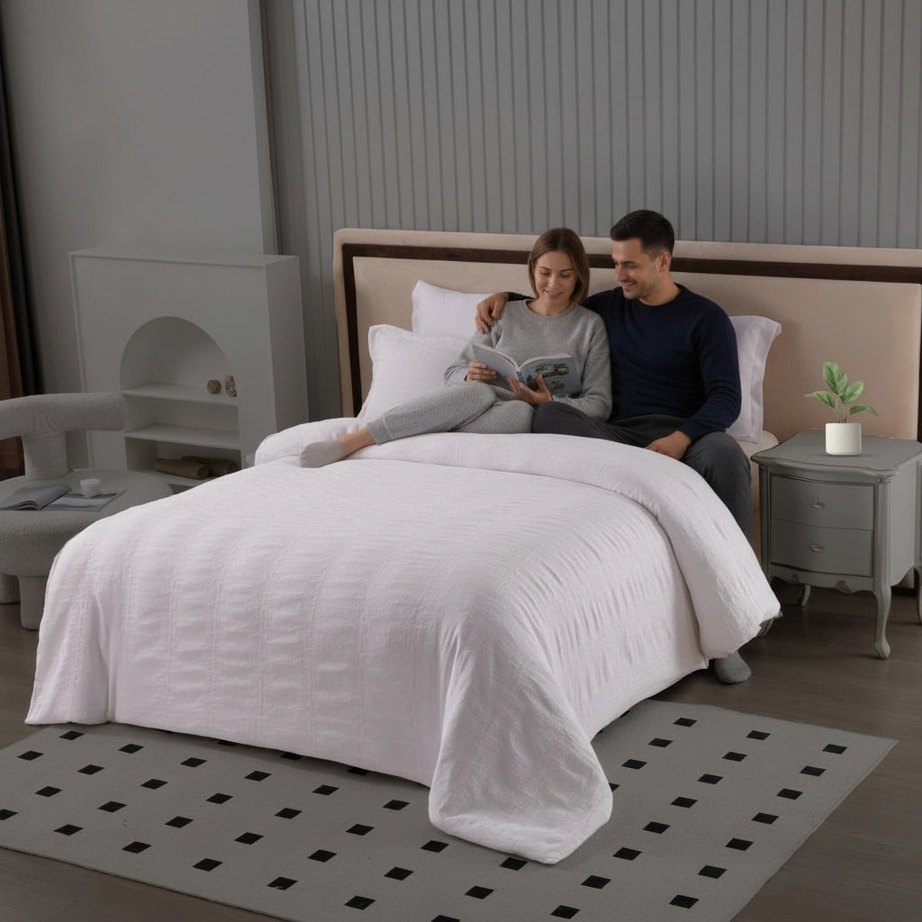 White Bed Sheets King Size Fitted Set with Duvet Cover 220x240 6 PCs (6FM8)