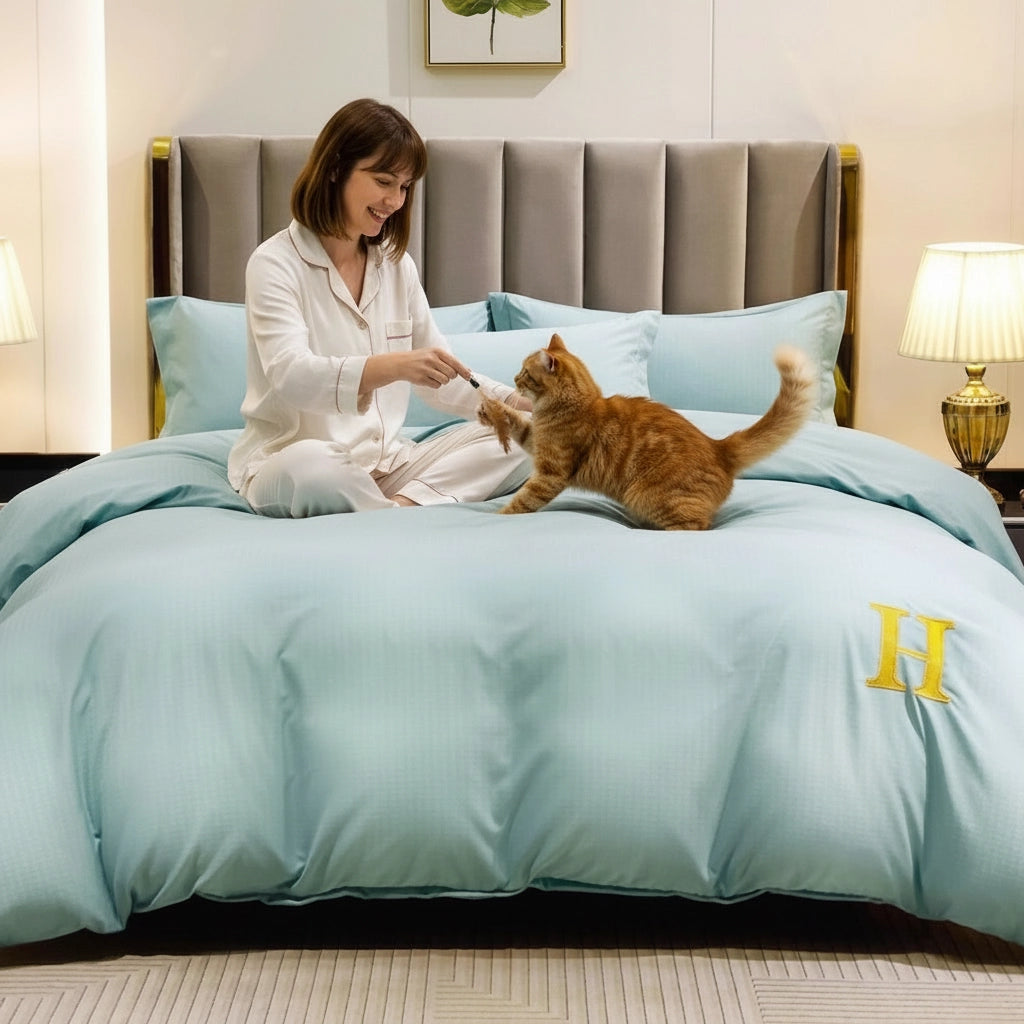 Minimal bedroom setup featuring mint bed sheet, quilt cover, and pillow cover