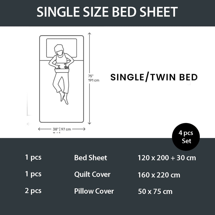 Single size bed sheet set with dimensions and layout diagram 