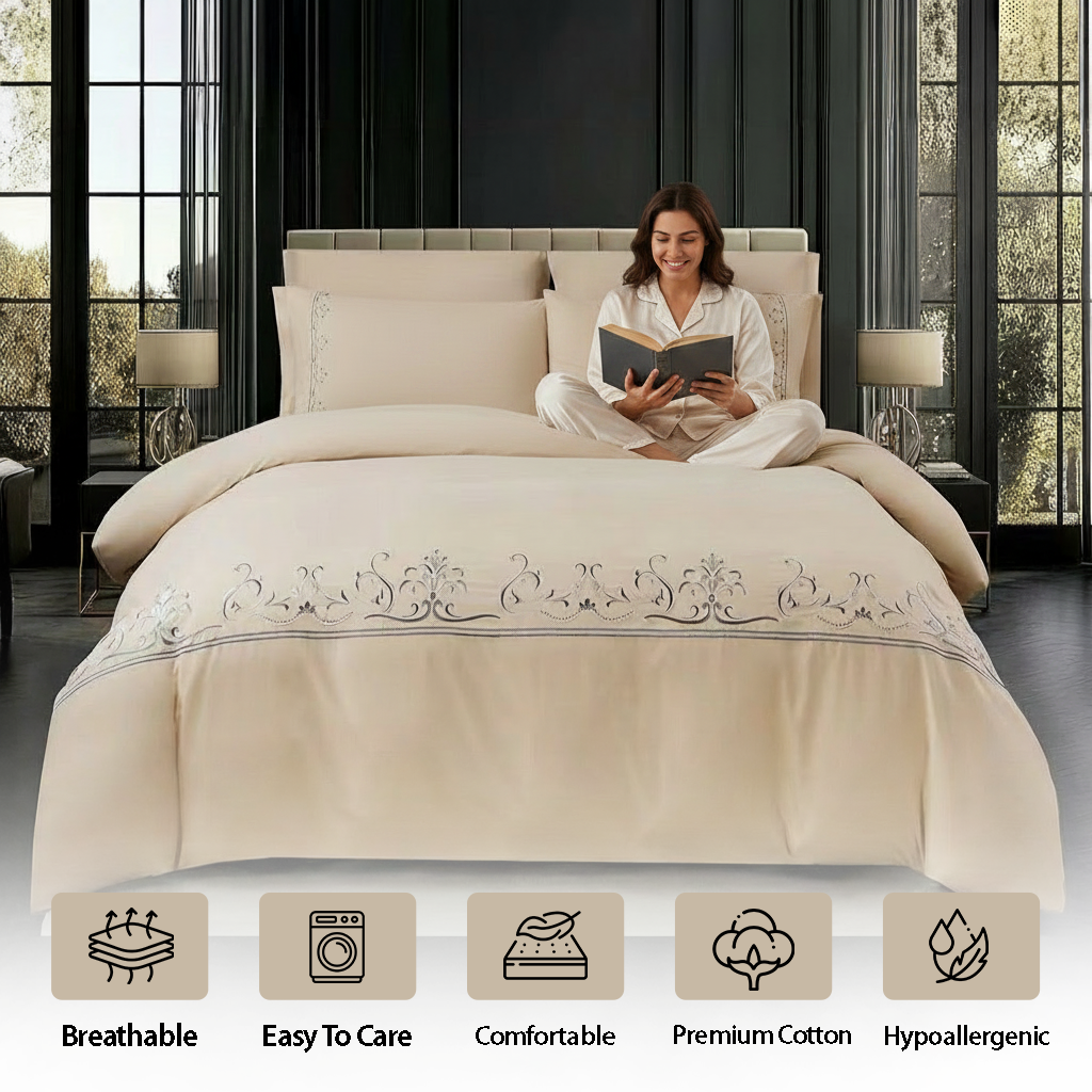 Classic beige bed set with soft floral embroidery detail