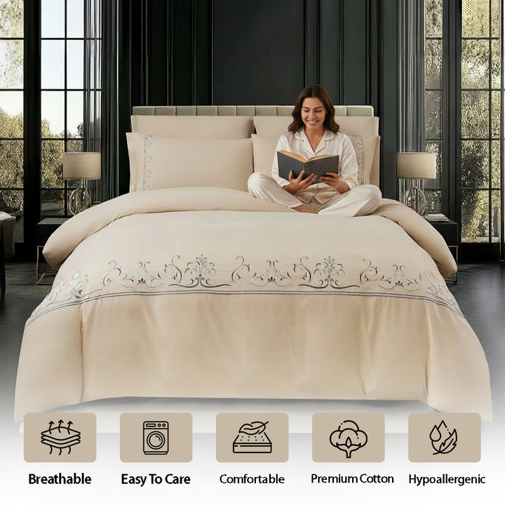Classic beige bed set with soft floral embroidery detail