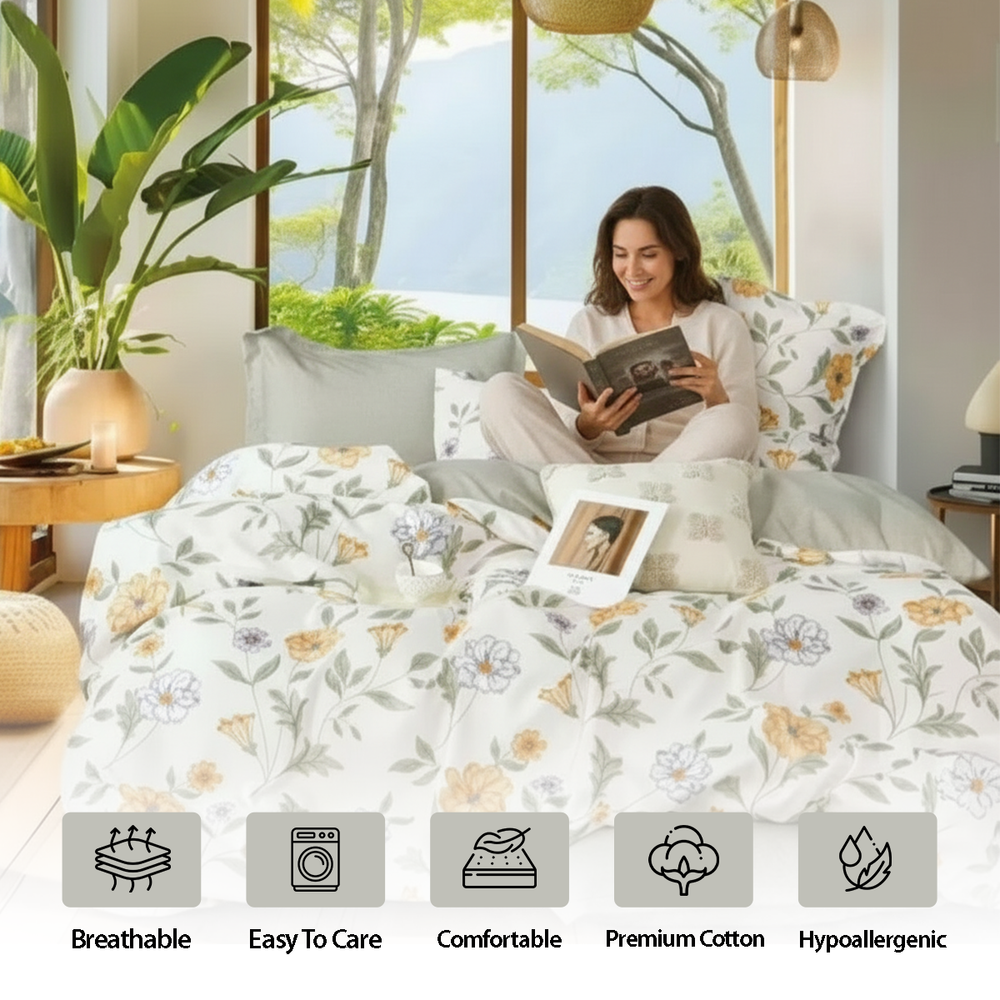 Flower patterned quilt draped loosely across a sunlit bed set