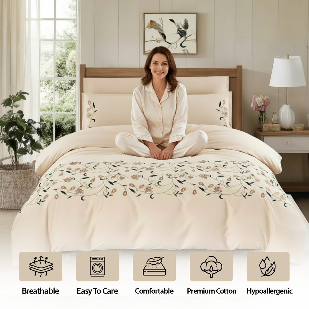 King Size 6 PCs  Beige Embroidered Bed Sheet Set – Soft Premium Comfort (6ES69)