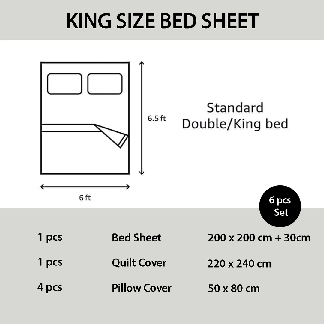 King Size White Bed Sheets with Duvet Cover 220x240 6 PCs King Bedding Set (6FM7)