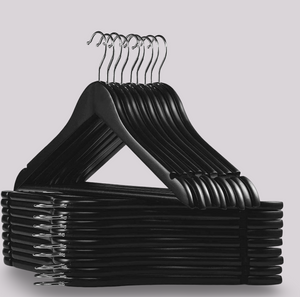 black wooden clothes hangers with metal hooks