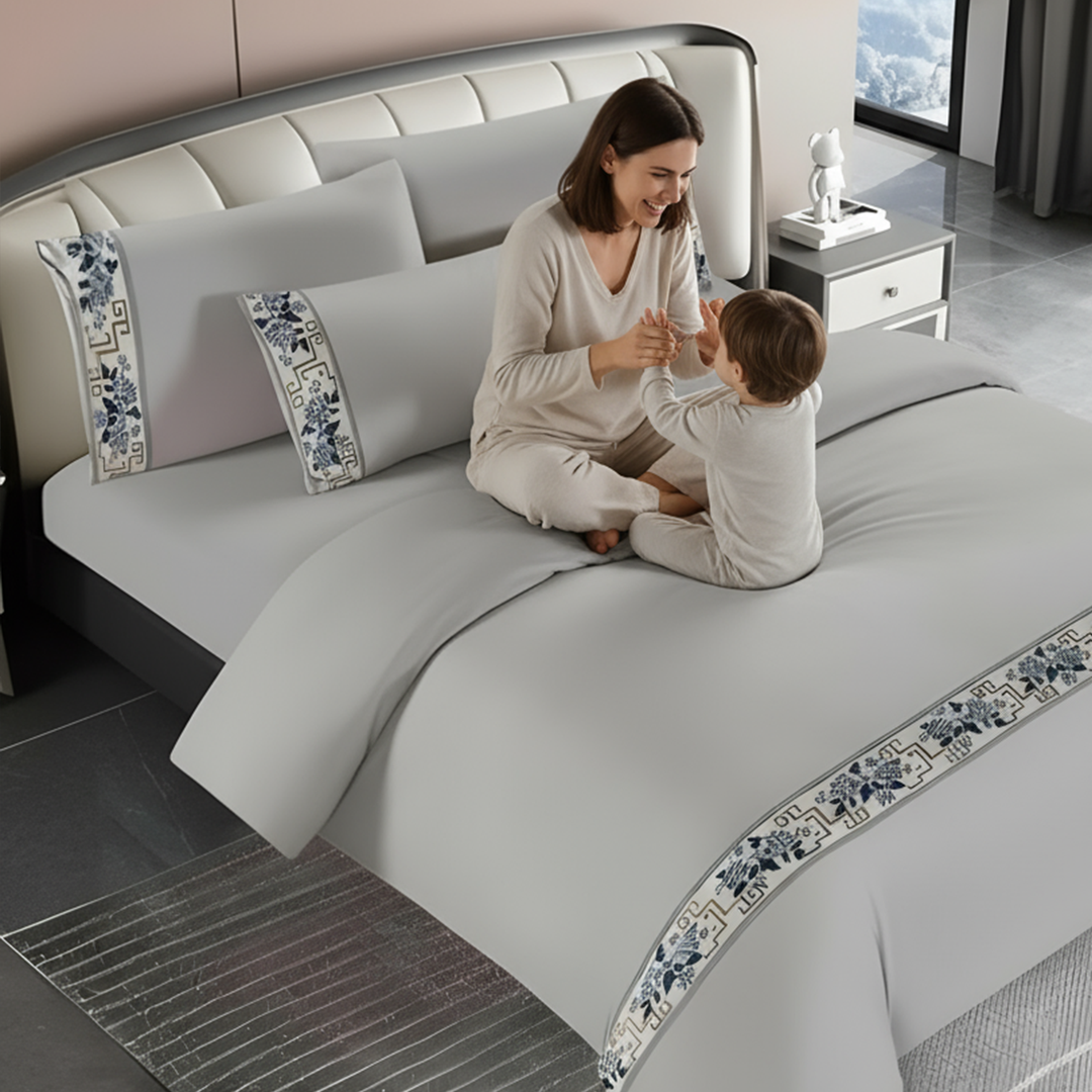 Cotton Bed Sheets 6 PCs Set - Patterned Border Design, Fitted Sheet & Pillowcases (6TQ14)