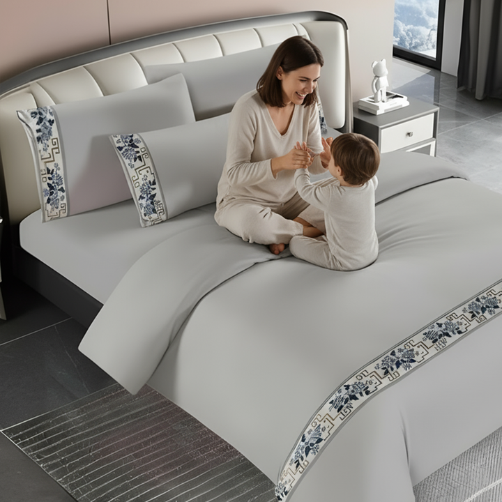 Cotton Bed Sheets 6 PCs Set - Patterned Border Design, Fitted Sheet & Pillowcases (6TQ14)