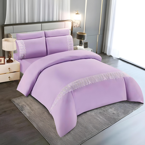Lavender bedding set with fitted sheet, quilt cover, and pillow covers on bed