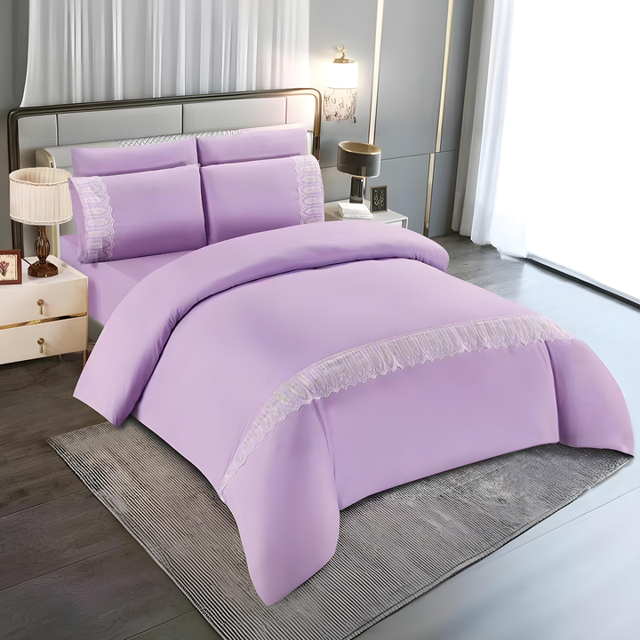 Luxury King Size Bedding Set – 6 Pcs Cotton Blend Duvet Cover with Lace Design (Lavender)
