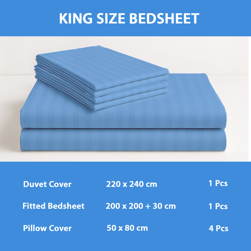 Striped light blue bedding including duvet cover, fitted sheet, and pillowcases
