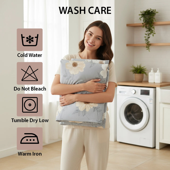 Bedroom setup showing flower print quilt cover, bed sheet, and pillow cover