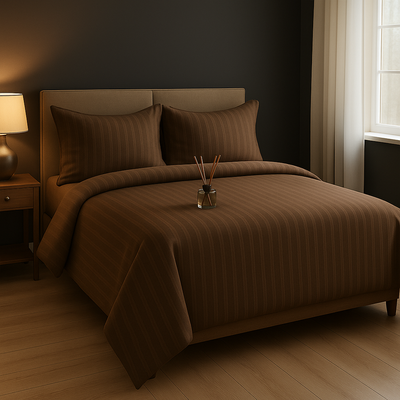 Brown bedding set with duvet cover, fitted bedsheet, and matching pillow covers, neatly styled on a bed